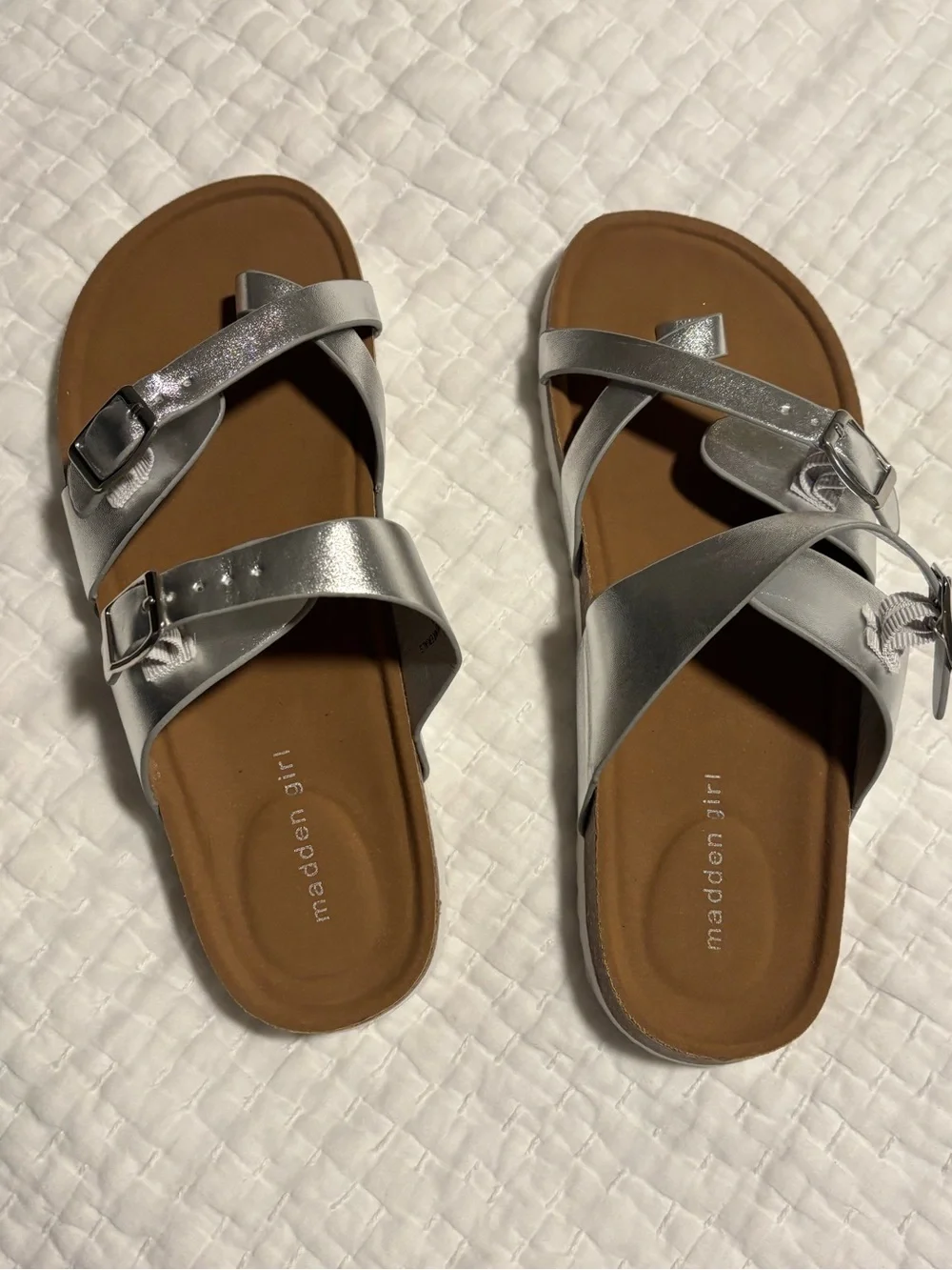 Madden Girl Silver Cross-Strap Slide Sandals